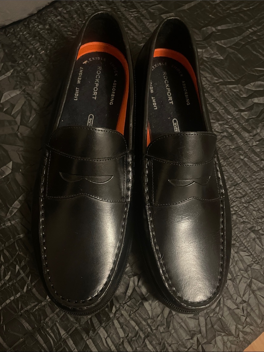Rockport Black Leather Slip-On Penny Loafers with Orange Insole Accents